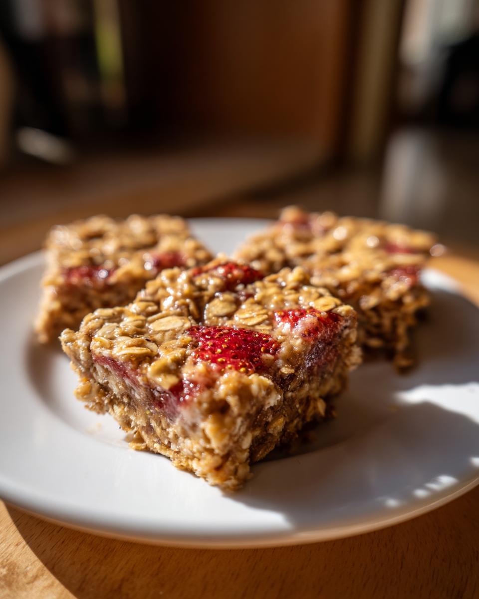 Three squares of Vegan Strawberry Peanut Butter Oatmeal Bars with visible oats and strawberry filling on a white plate.