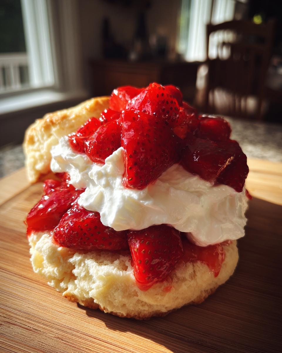 A close-up of a delicious Vegan Strawberry Shortcake featuring a biscuit, whipped topping, and macerated strawberries.