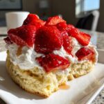 A close-up of a fluffy biscuit topped with whipped cream and glistening macerated strawberries, showcasing the Vegan Strawberry Shortcake.