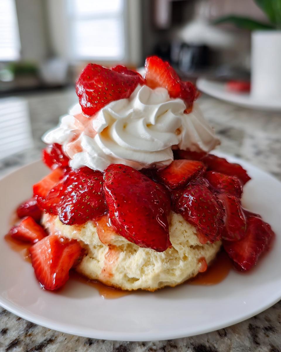 Close-up of a single serving of Vegan Strawberry Shortcake with a biscuit, macerated strawberries, and whipped topping.