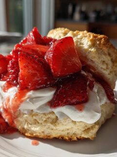 A close-up of a Vegan Strawberry Shortcake featuring a biscuit, whipped topping, and macerated strawberries.