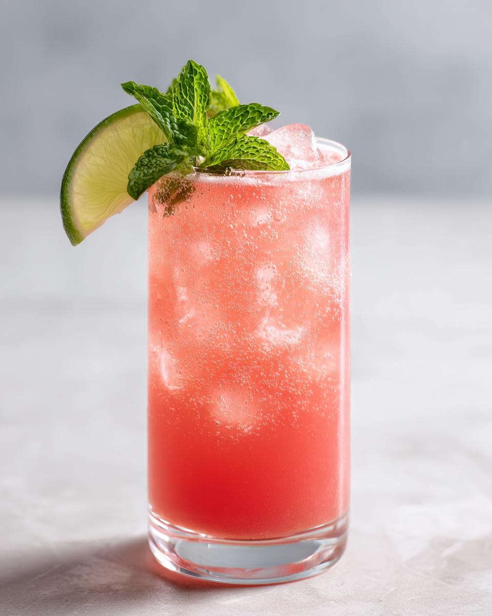A tall glass filled with a vibrant pink Watermelon Strawberry Lime Mocktail, garnished with a lime wedge and fresh mint leaves.