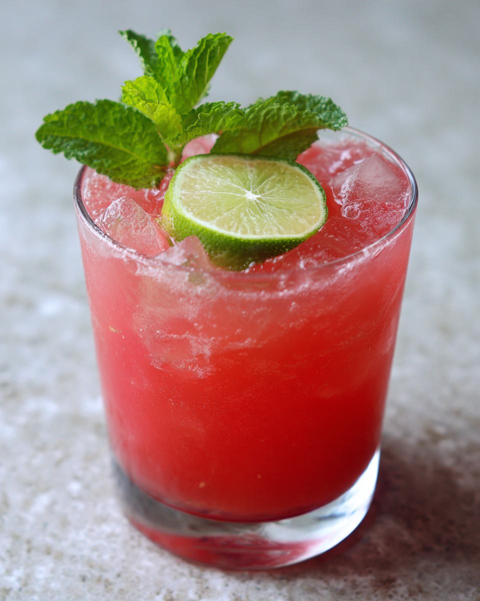 A vibrant Watermelon Strawberry Lime Mocktail garnished with a lime slice and fresh mint leaves, served over ice.