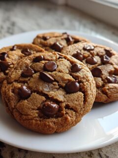 Four freshly baked Vegan Chocolate Chip Cookies piled on a white plate near a window.