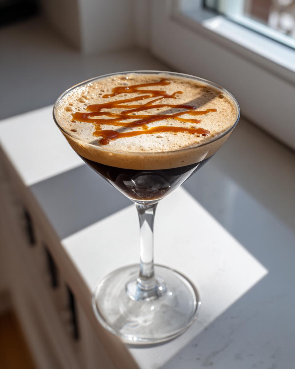 Close-up of an Apple Caramel Espresso Martini in a coupe glass with a thick foam top drizzled with caramel sauce.