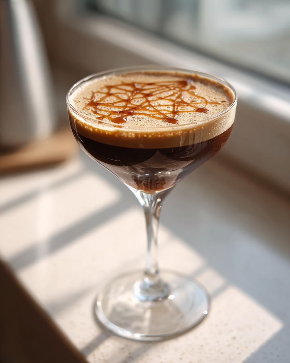 A close-up of an Apple Caramel Espresso Martini topped with a delicate caramel drizzle.