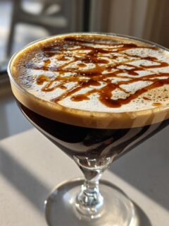 A rich Apple Caramel Espresso Martini topped with caramel drizzle in a martini glass.