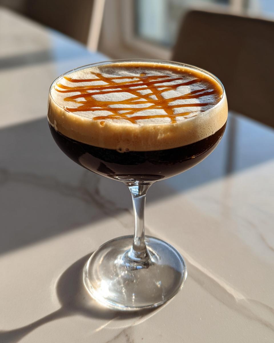 A coupe glass filled with an Apple Caramel Espresso Martini topped with foam and a caramel drizzle.