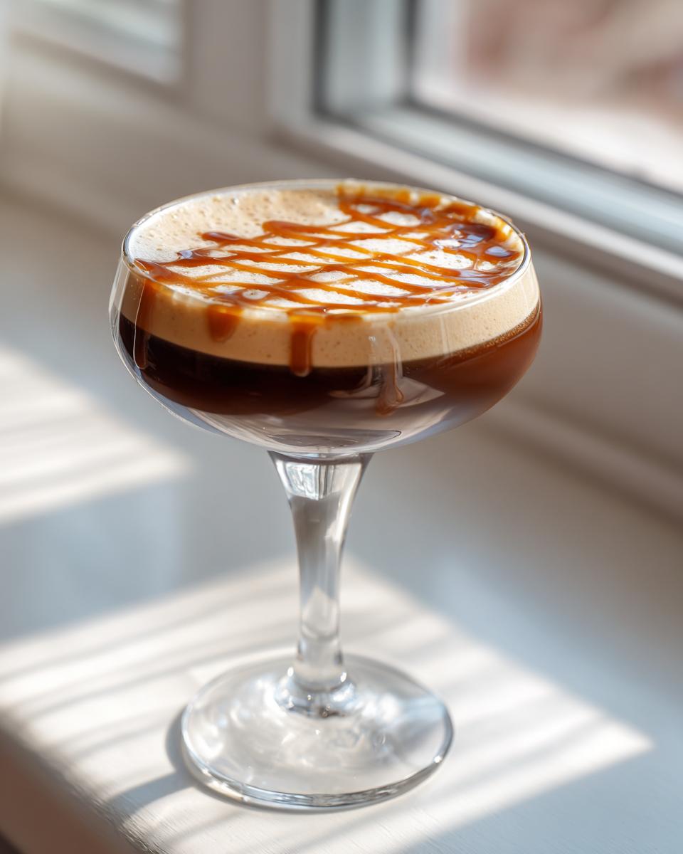 Close-up of an Apple Caramel Espresso Martini topped with foam and a rich caramel drizzle.