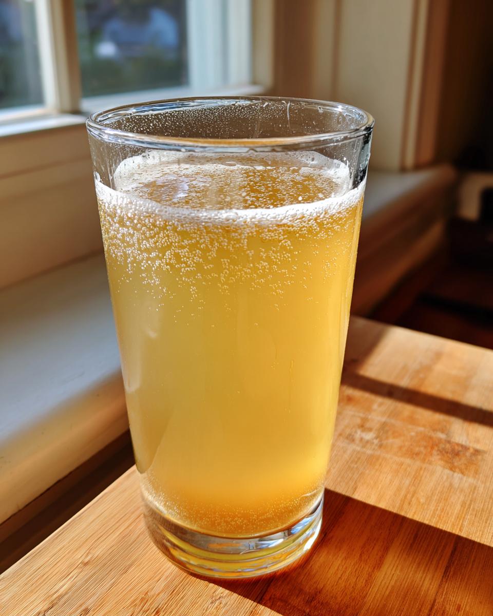 A tall glass filled with fizzy, yellow Apple Cider Vinegar Detox Lemonade sitting on a wooden surface near a window.