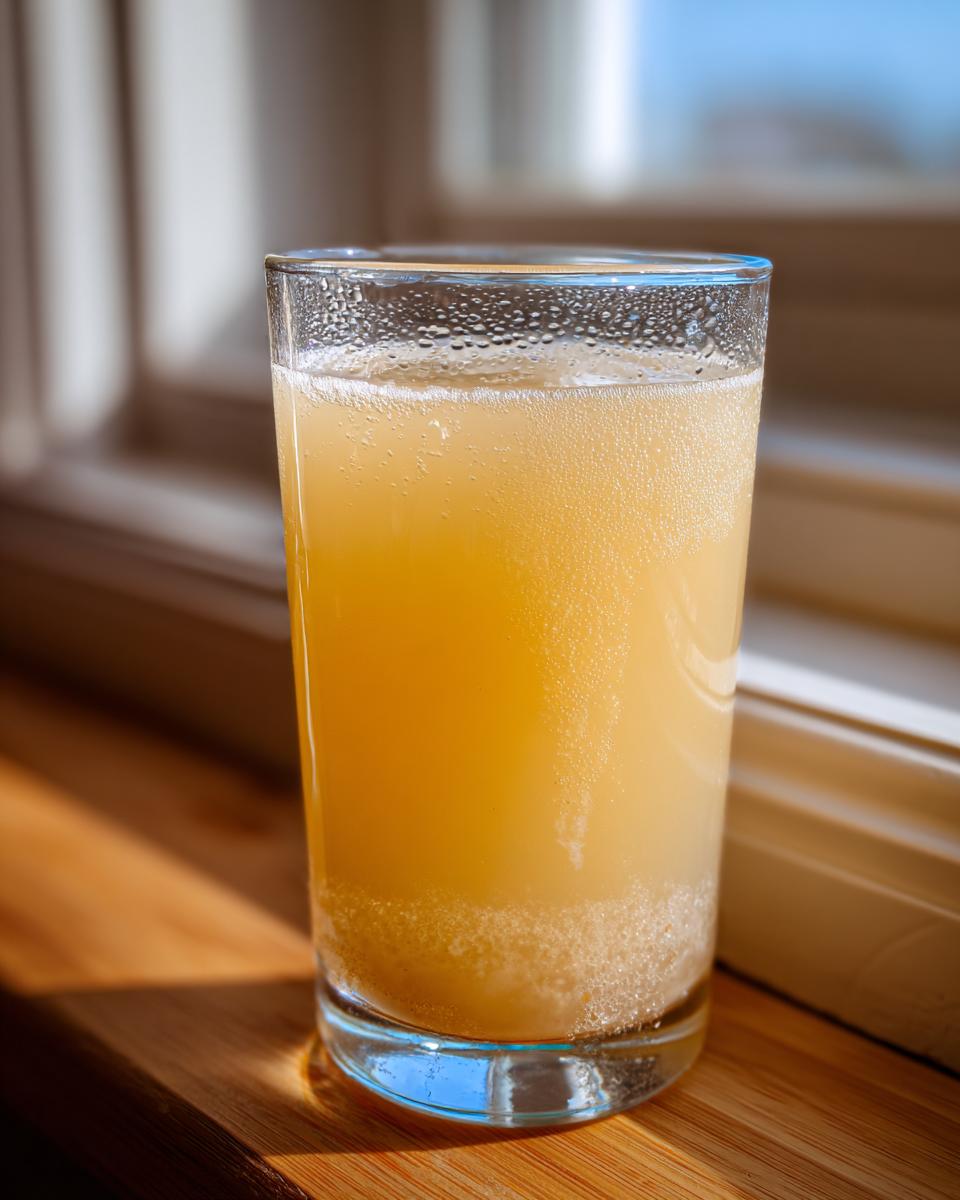 A tall glass filled with fizzy, cloudy Apple Cider Vinegar Detox Lemonade sitting on a wooden surface near a bright window.