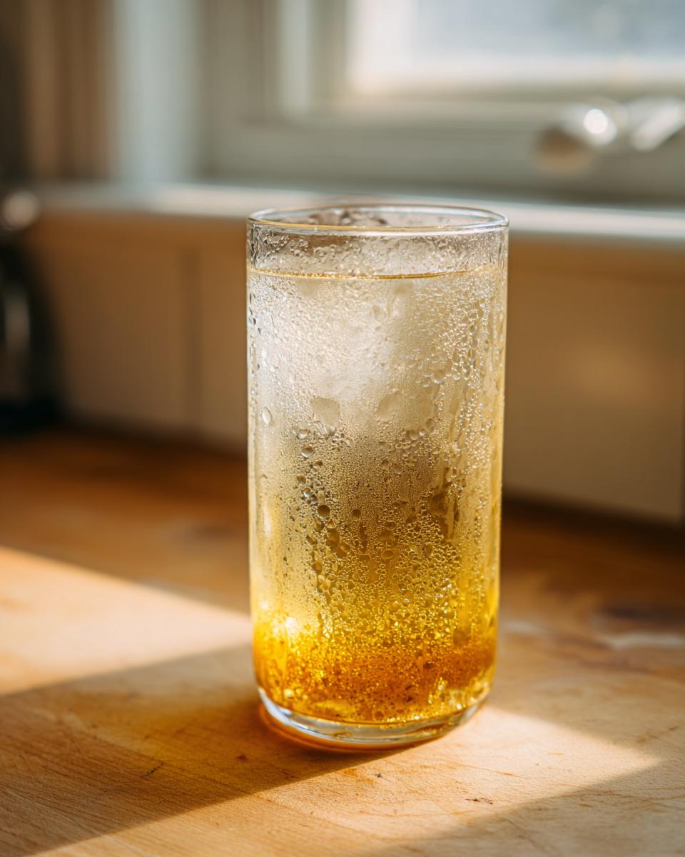 A tall, sweating glass filled with Apple Cider Vinegar Detox Lemonade and ice cubes, sitting on a sunlit wooden counter.