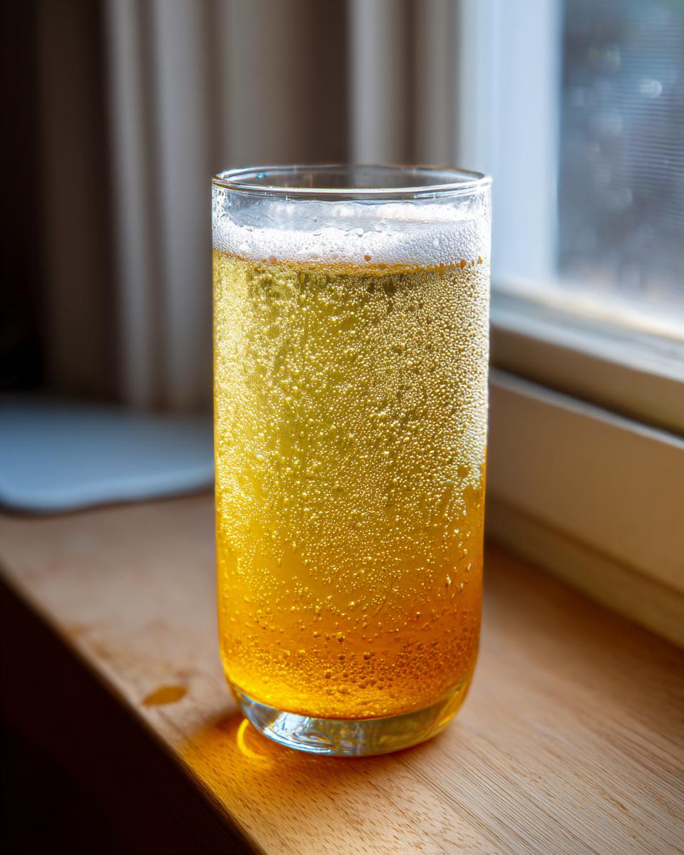A tall glass filled with bubbly, golden Apple Cider Vinegar Detox Lemonade sitting on a wooden windowsill.