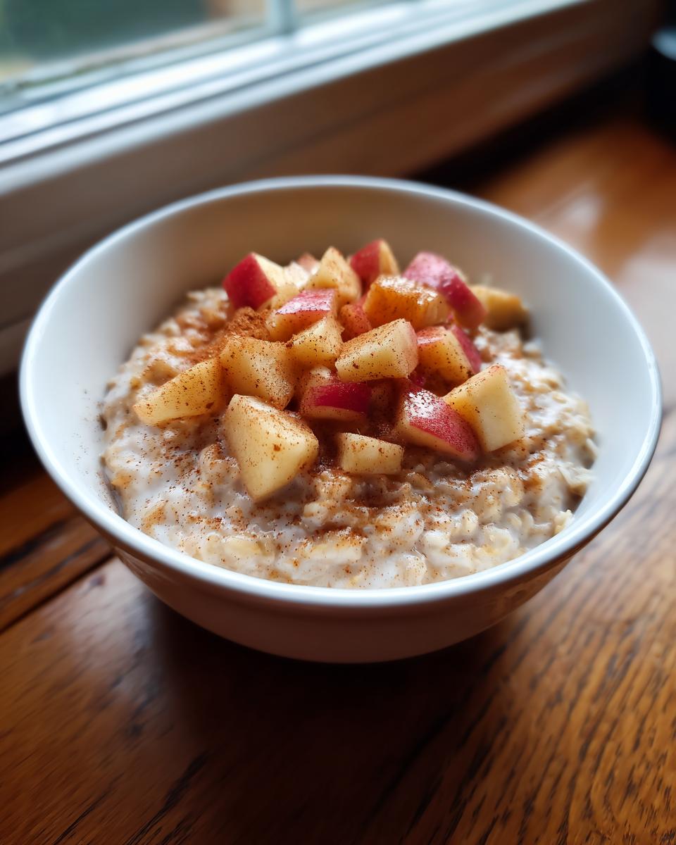 A white bowl filled with creamy Apple Cinnamon Oatmeal, topped with fresh diced red apples and a sprinkle of cinnamon.