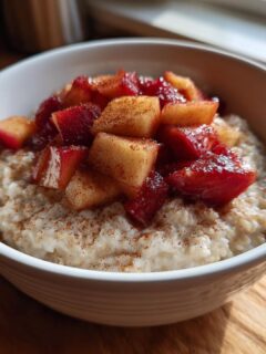 A close-up of a white bowl filled with creamy Apple Cinnamon Oatmeal, topped with diced, spiced apples and cinnamon.