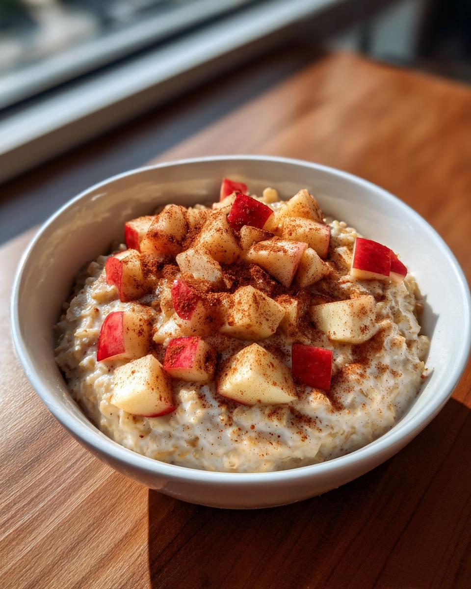 A close-up of creamy Apple Cinnamon Oatmeal topped with fresh diced red apples and a sprinkle of cinnamon.