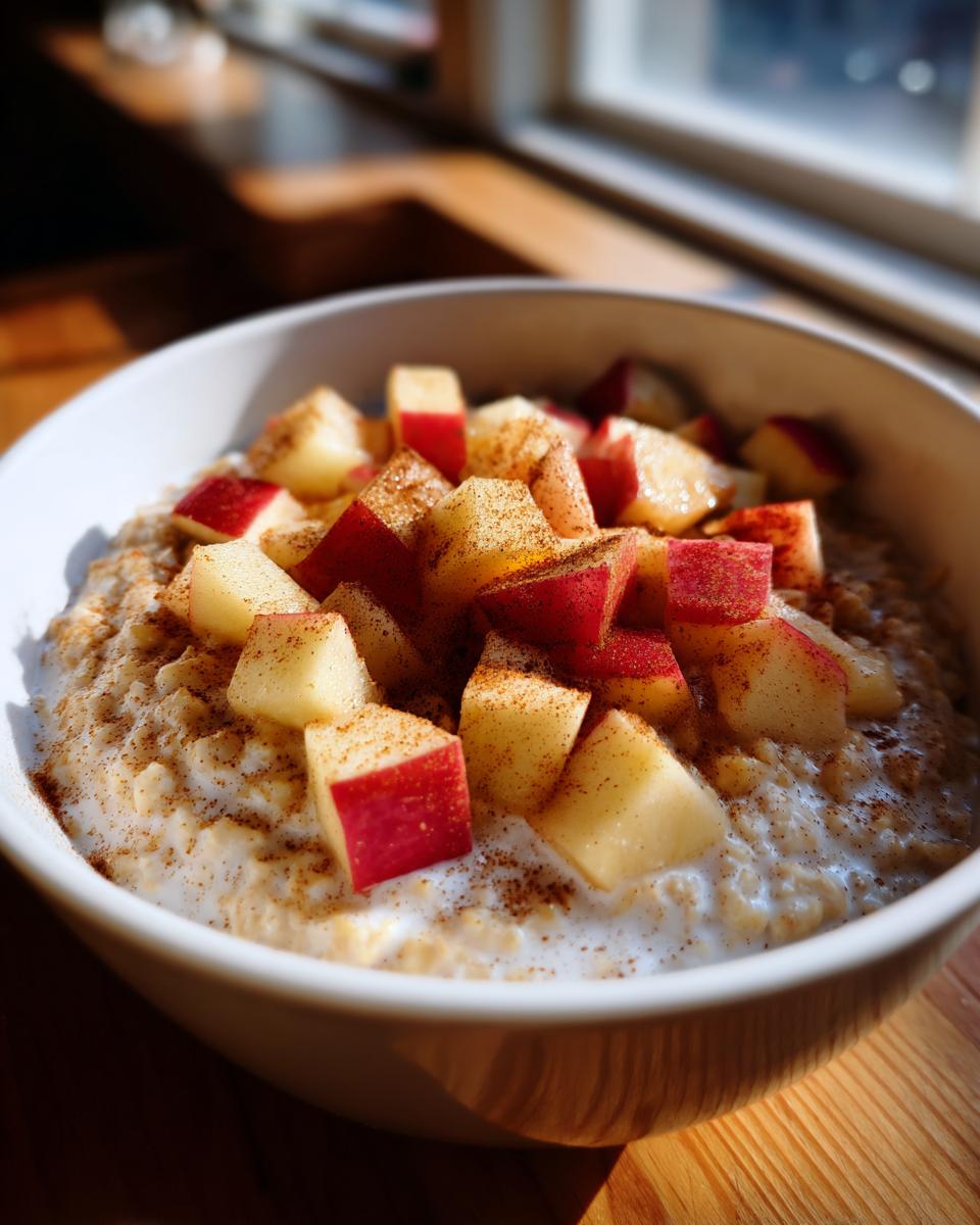 A close-up of warm Apple Cinnamon Oatmeal topped with diced red apples and sprinkled with cinnamon.