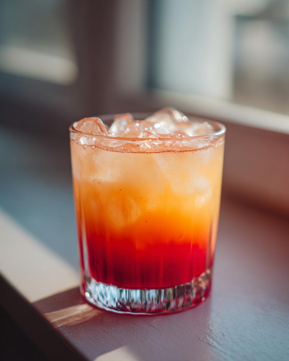 Close-up of layered Apple Citrus Strawberry Juice with ice cubes in a glass, showing red and orange hues.