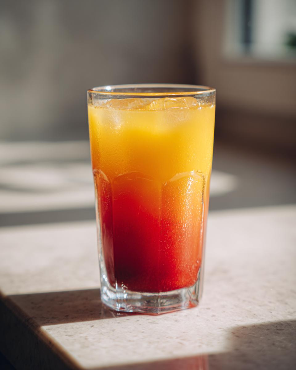 Tall glass filled with layered Apple Citrus Strawberry Juice, showing red and orange layers and ice cubes.
