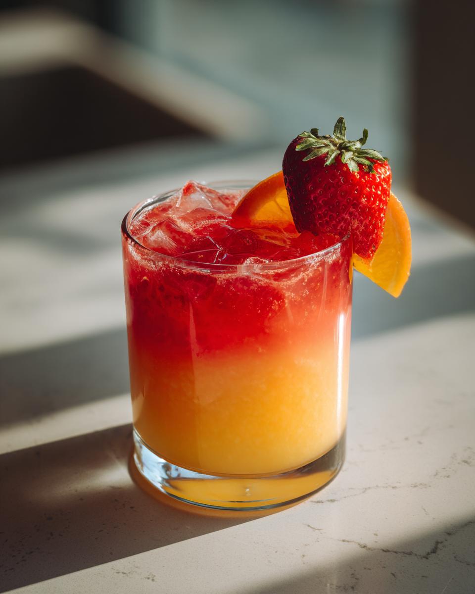 Close-up of vibrant Apple Citrus Strawberry Juice layered in a glass, garnished with a fresh strawberry and orange slice.