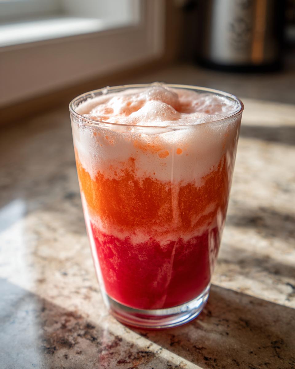 Close-up of freshly blended Apple Citrus Strawberry Juice showing vibrant red and orange layers topped with foam.