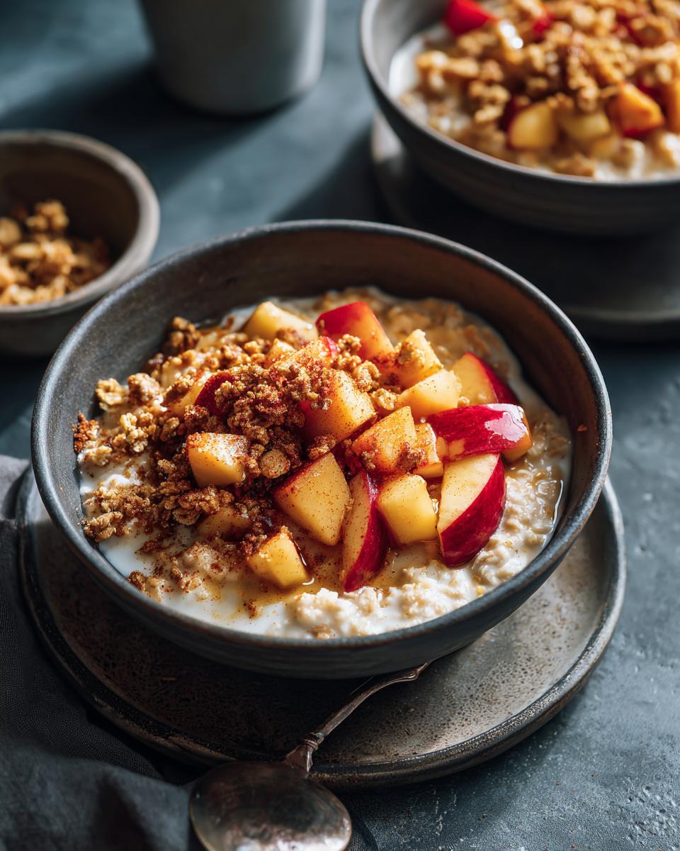 A close-up of a dark bowl filled with creamy Apple Crumble Oatmeal Bowls, topped with diced red apples and crumble.