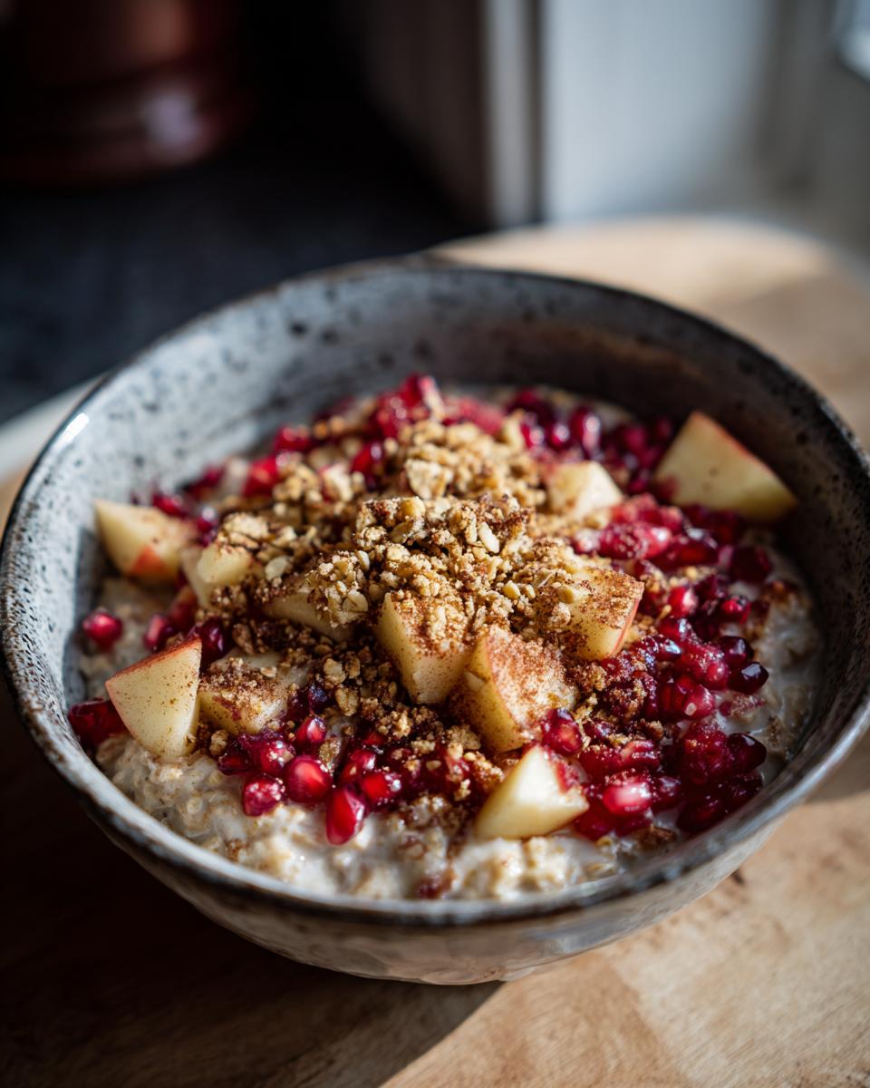 A close-up of Apple Crumble Oatmeal Bowls topped with diced apples, pomegranate seeds, and crumble.