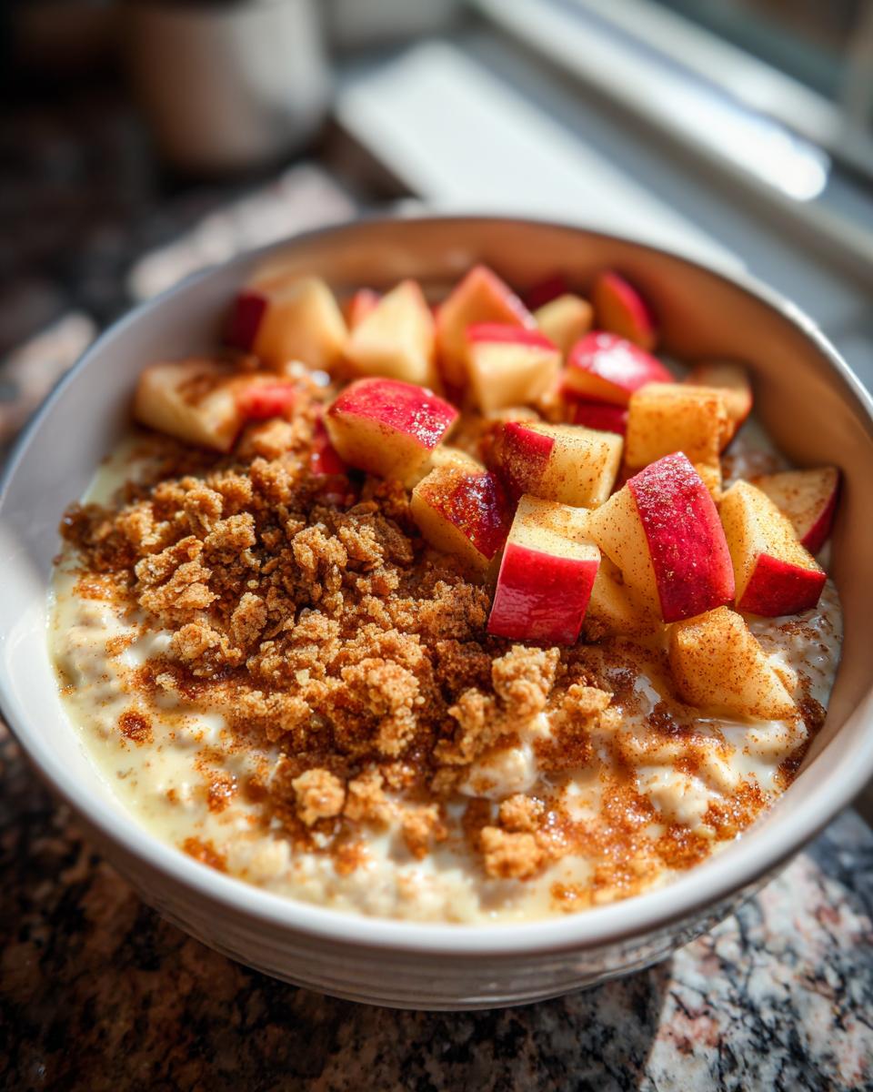 A close-up of Apple Crumble Oatmeal Bowls topped with diced red apples and brown sugar crumble.