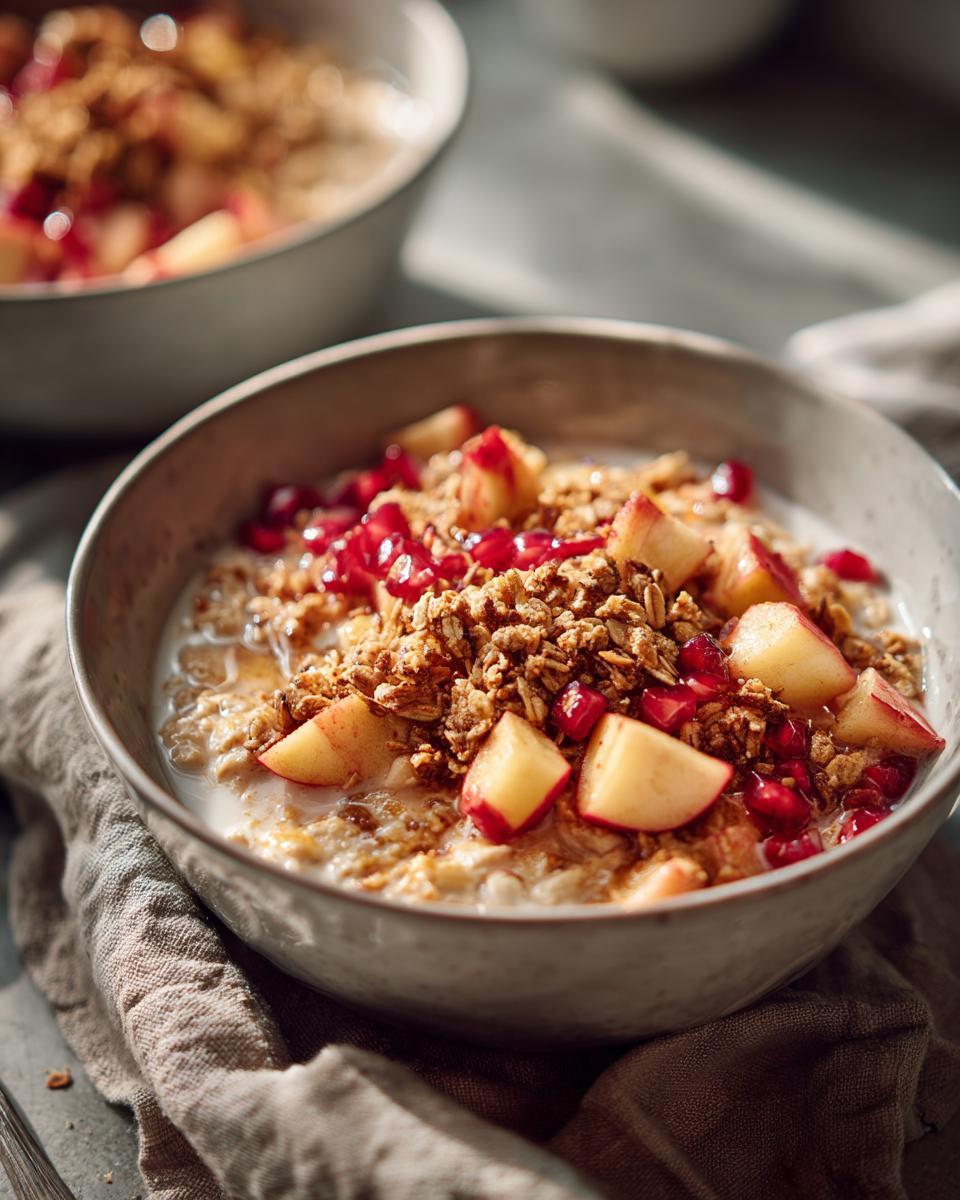 Close-up of Apple Crumble Oatmeal Bowls topped with fresh apple chunks, pomegranate seeds, and crunchy granola.