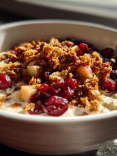 A close-up of Apple Crumble Oatmeal Bowls topped with brown sugar crumble, dried cranberries, and diced apples.