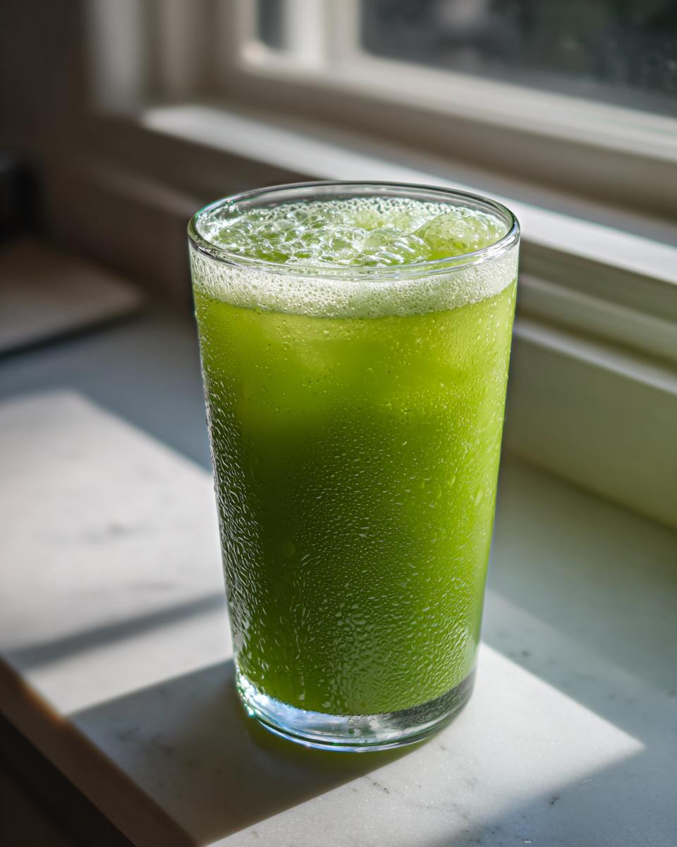 A tall glass filled with bright green, icy Apple Kiwi Juice sweating condensation, set on a white marble surface.