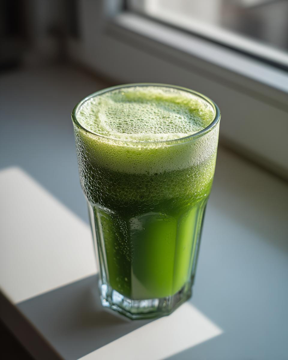 A tall, sweating glass filled with vibrant green Apple Kiwi Juice and a layer of foam, sitting on a windowsill.