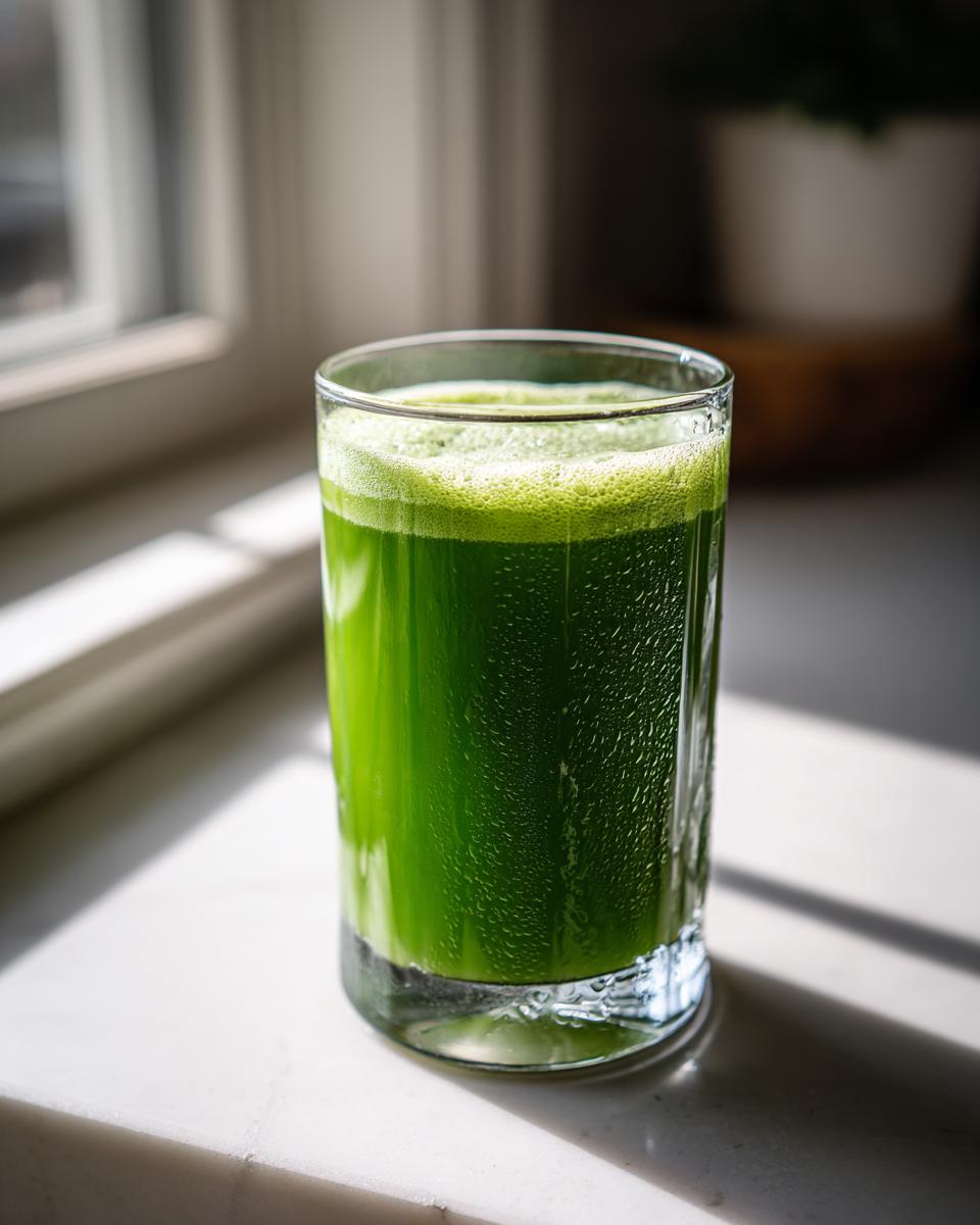 A tall glass filled with vibrant green Apple Kiwi Juice, showing condensation droplets on the side, set near a sunlit window.