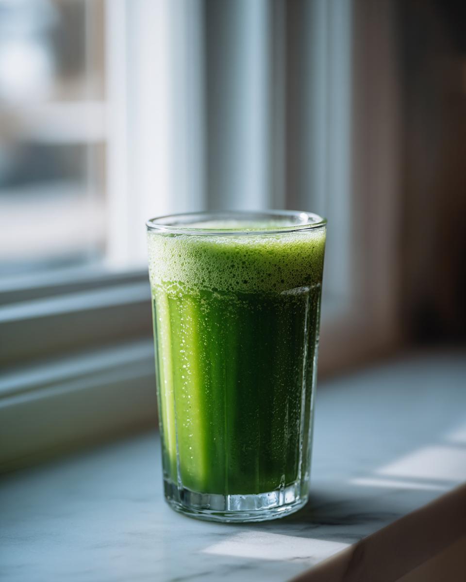 A tall glass filled with bright green Apple Kiwi Juice, featuring a layer of foam on top, placed on a marble windowsill.