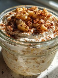 A glass jar filled with Apple Pie Overnight Oats, topped with cream, diced apples, and cinnamon.