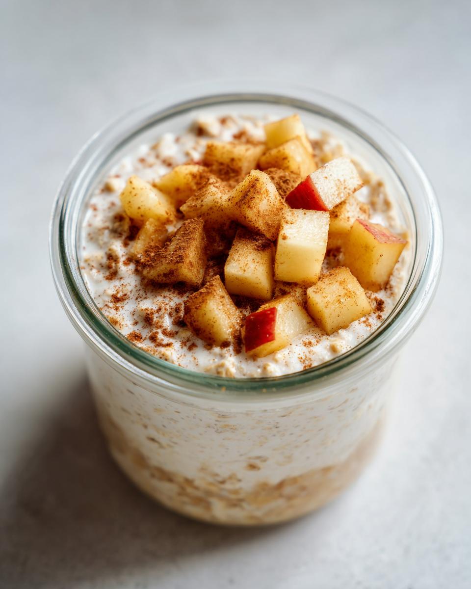 A glass jar filled with creamy Apple Pie Overnight Oats, topped with diced apples and cinnamon.