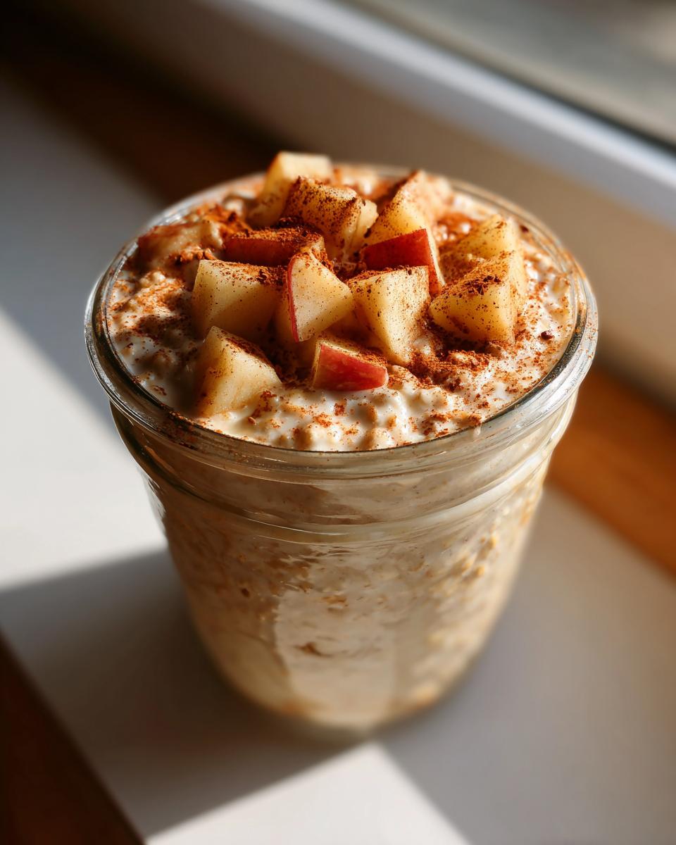 A glass jar filled with creamy Apple Pie Overnight Oats, topped with diced fresh apples and cinnamon.