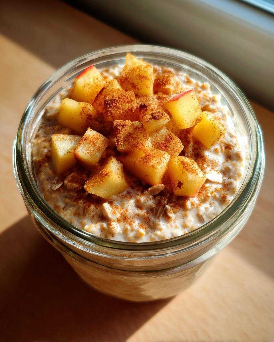 Overhead view of Apple Pie Overnight Oats topped with diced apples and cinnamon in a glass jar.