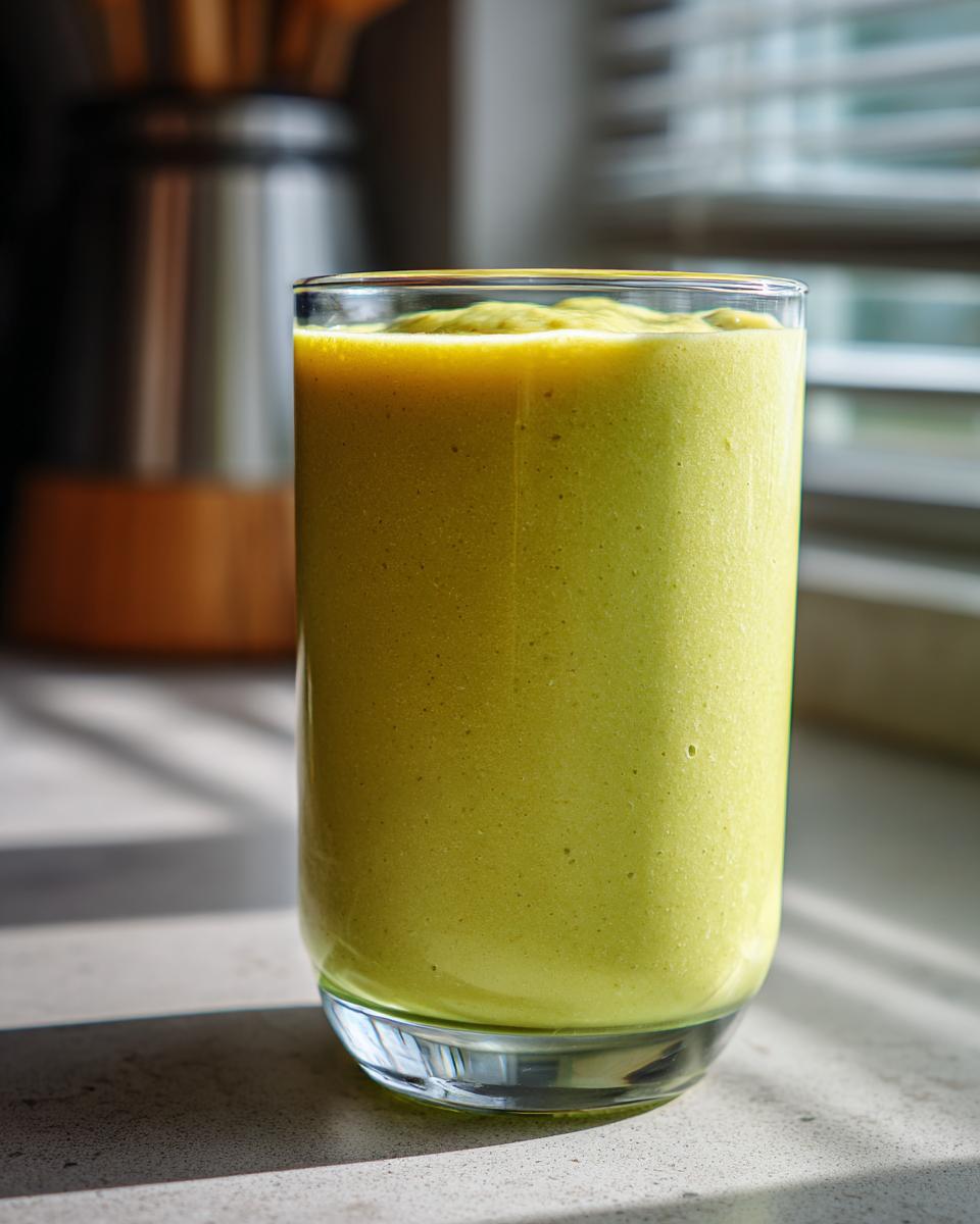 A tall glass filled with a thick, creamy, bright green Avocado Mango Smoothie sitting on a countertop.