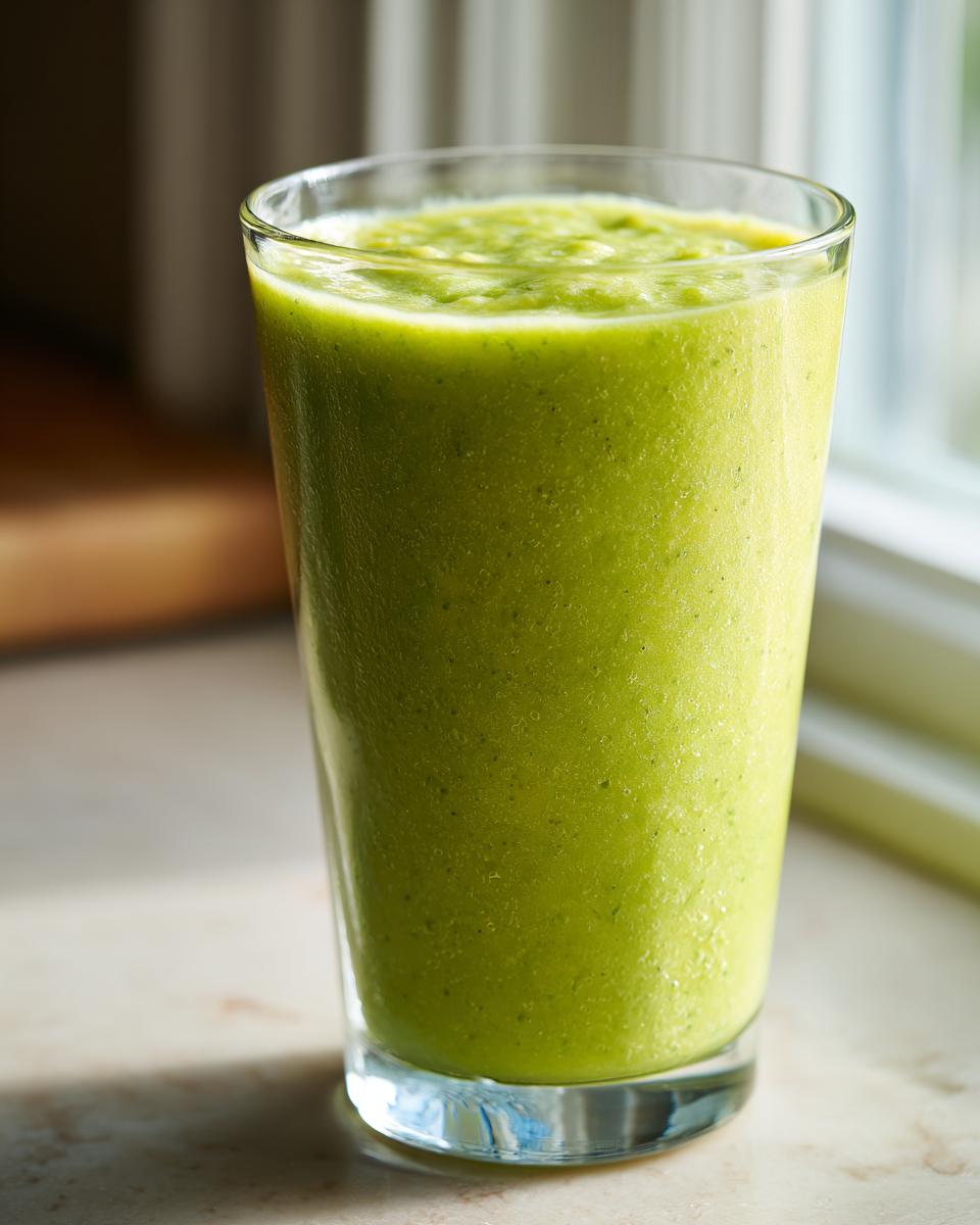 A tall glass filled with a thick, vibrant green Avocado Mango Smoothie, set near a bright window.