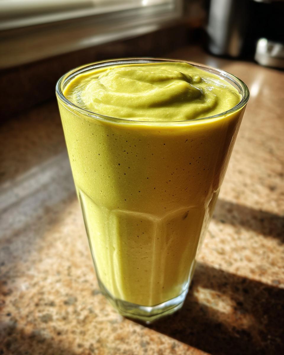 A tall glass filled with a thick, creamy, bright green Avocado Mango Smoothie, sitting on a speckled countertop.