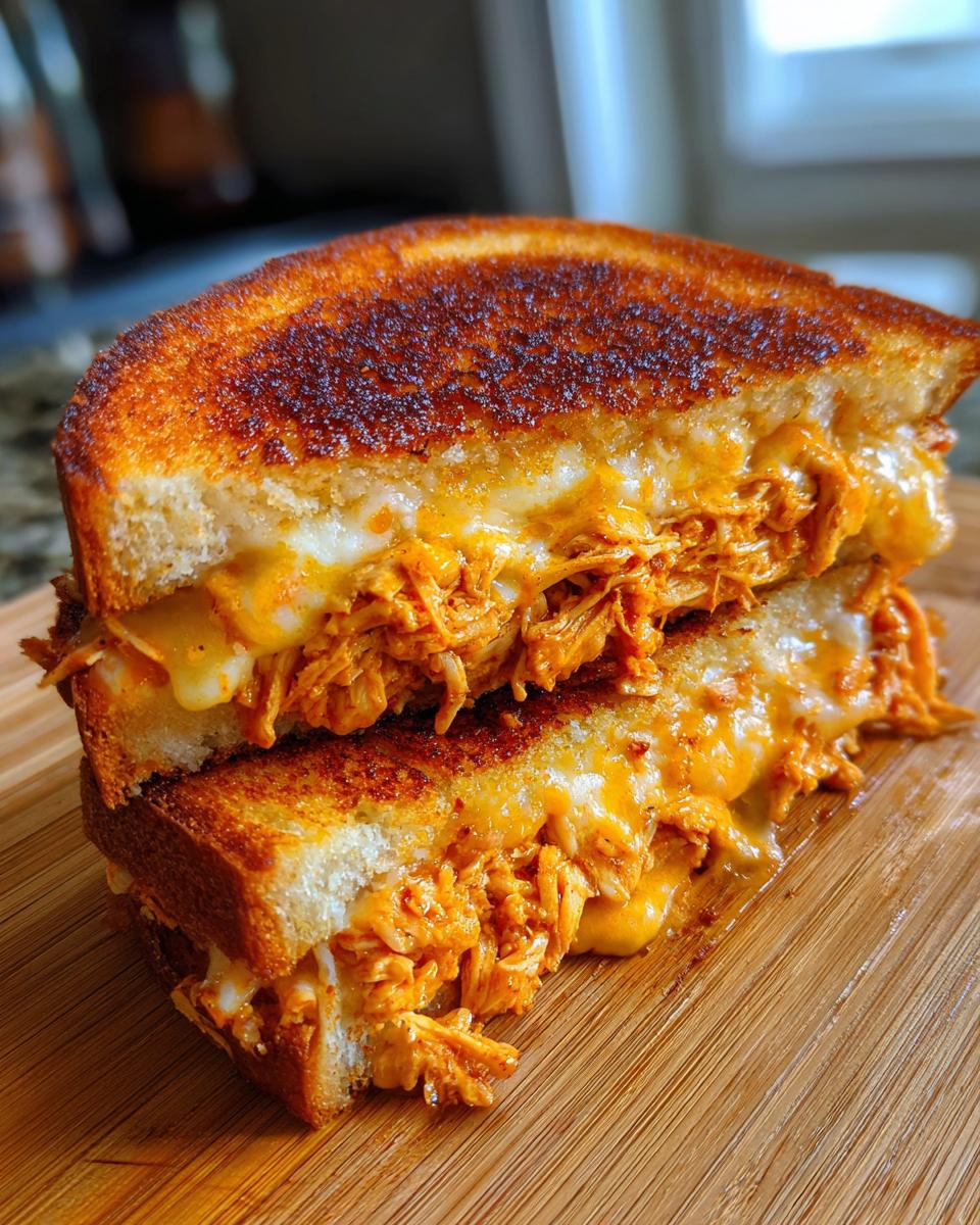 Cross-section of a perfectly grilled Baked BBQ Chicken Grilled Cheese Dairy Free sandwich showing melted filling.