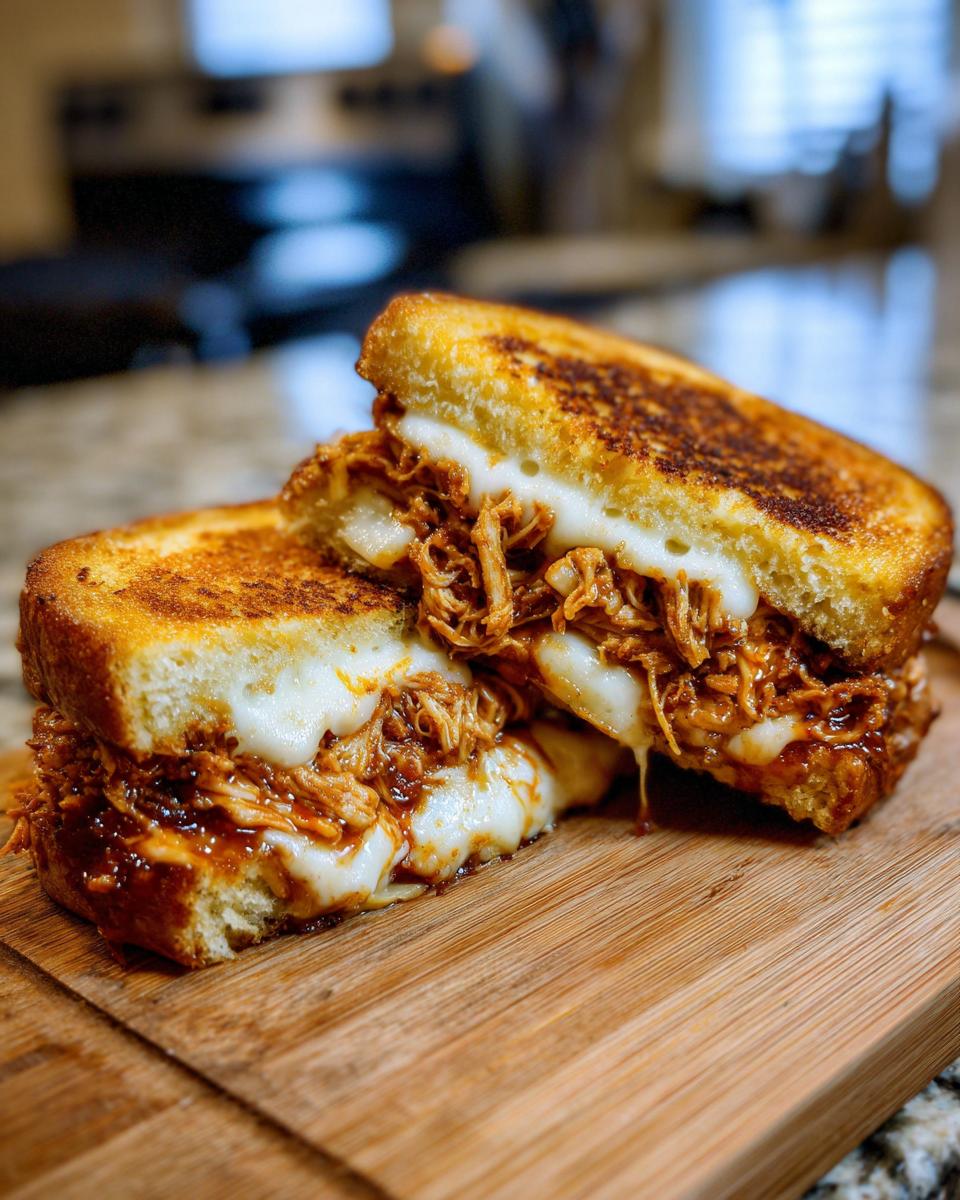 Close-up of a halved Baked BBQ Chicken Grilled Cheese Dairy Free sandwich showing melted dairy-free cheese and saucy shredded chicken.