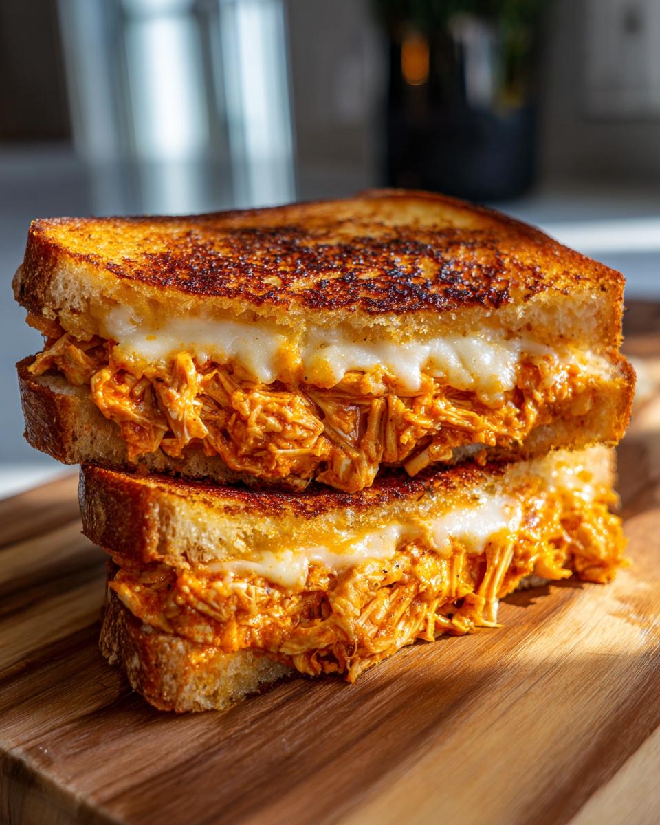 Two halves of a golden brown Baked BBQ Chicken Grilled Cheese Dairy Free sandwich stacked on a wooden board.