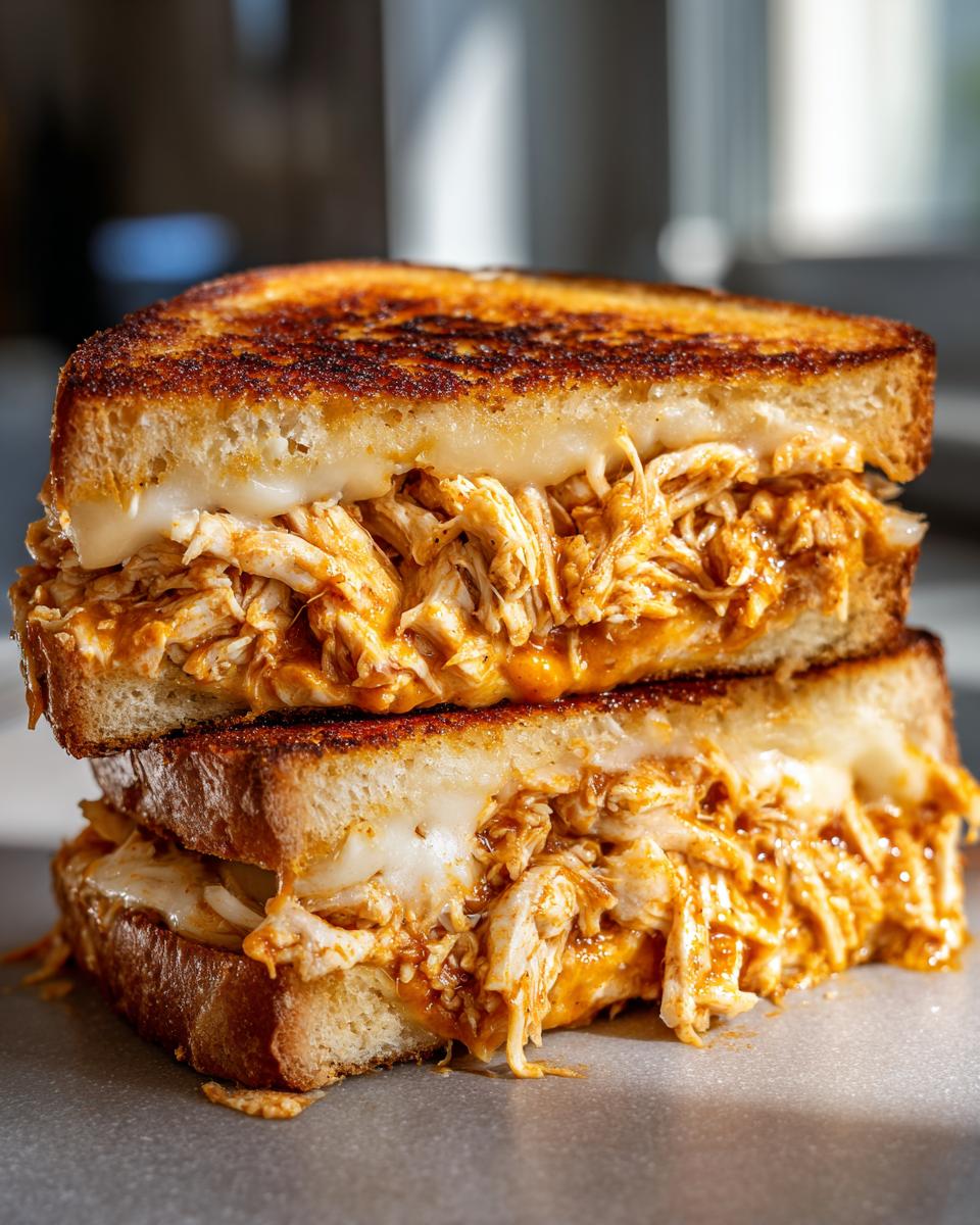 Two halves of a Baked BBQ Chicken Grilled Cheese Dairy Free sandwich stacked, showing melted cheese and shredded chicken filling.