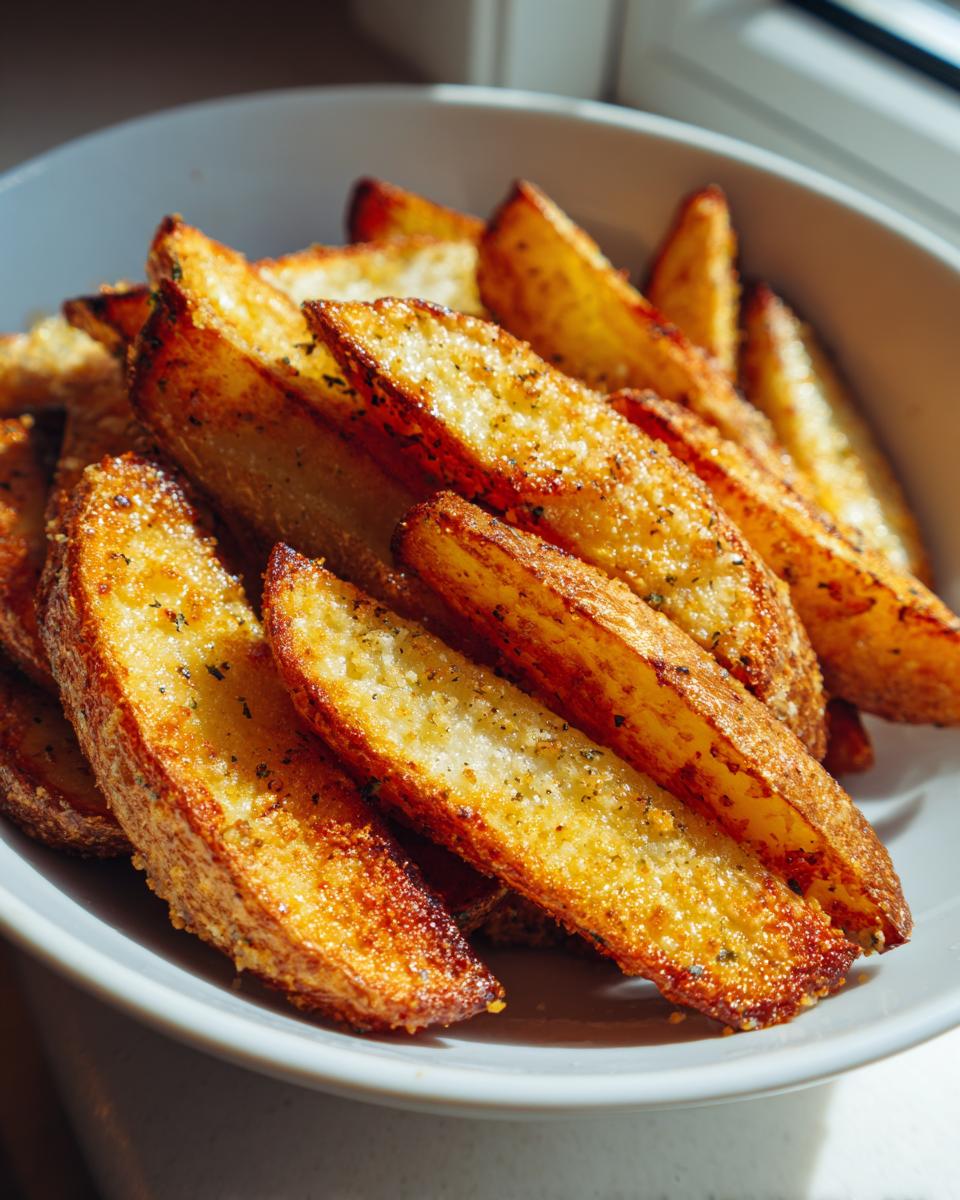 Close-up of crispy, golden Baked Garlic Parmesan Potato Wedges seasoned with herbs in a white bowl.