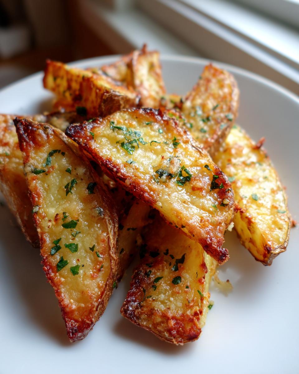 Close-up of golden, crispy Baked Garlic Parmesan Potato Wedges topped with melted cheese and parsley.