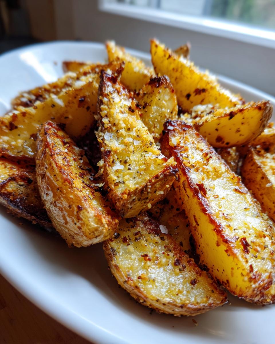 A close-up of golden brown Baked Garlic Parmesan Potato Wedges sprinkled with cheese and herbs on a white plate.