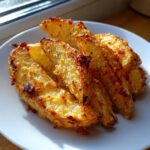 A close-up of golden, crispy Baked Garlic Parmesan Potato Wedges seasoned with herbs and cheese on a white plate.