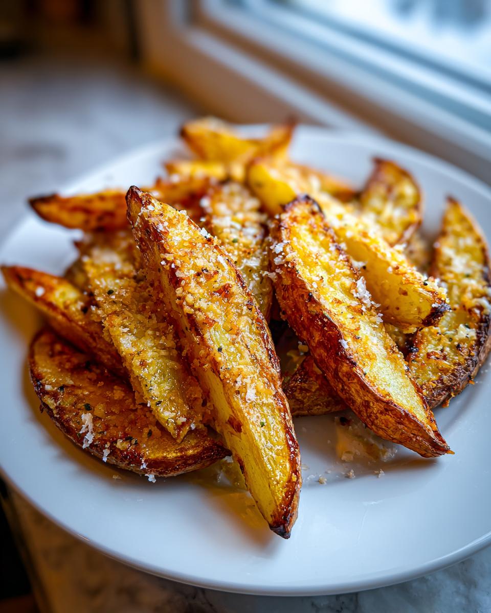 Close-up of crispy, golden Baked Garlic Parmesan Potato Wedges generously topped with grated cheese and herbs.